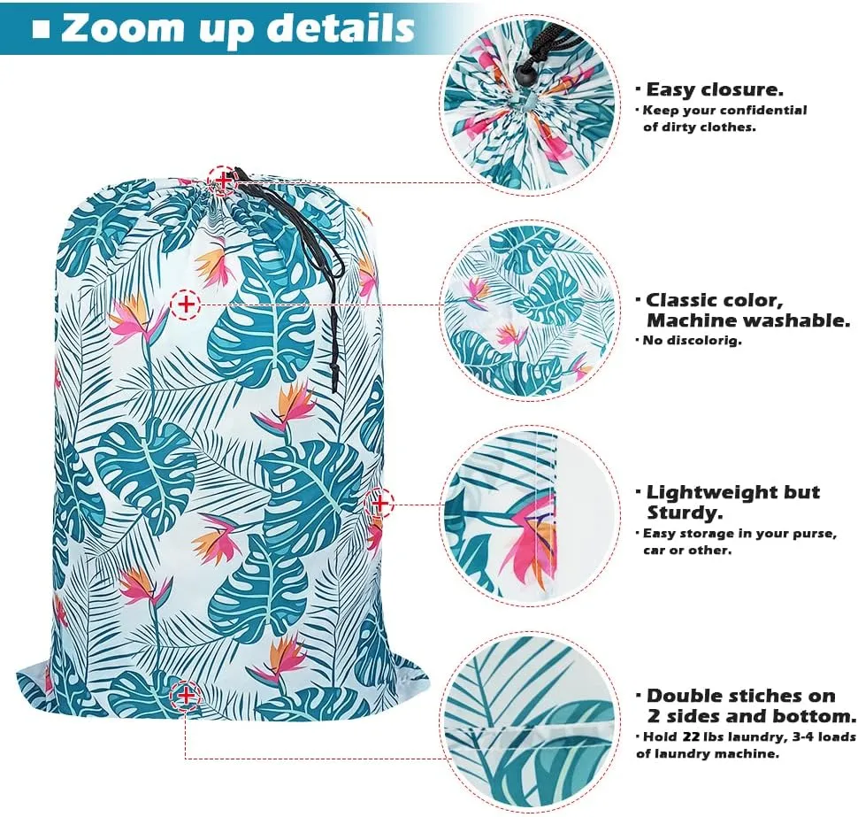 Washable Laundry Bag, (2 Pack) Dirty Clothes Hamper Liner with Drawstring Closure, Heavy Duty Rip-Stop Bag for Travel, Dorm, laundromat, 26x39 inches Light Leaf Print