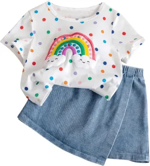 WDIRARA Girl's 2 Piece Outfits Cartoon Print Colorful Polka Dots T-Shirt and Wrap Denim Skorts Set