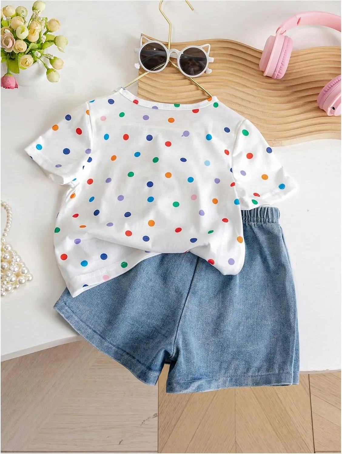 WDIRARA Girl's 2 Piece Outfits Cartoon Print Colorful Polka Dots T-Shirt and Wrap Denim Skorts Set