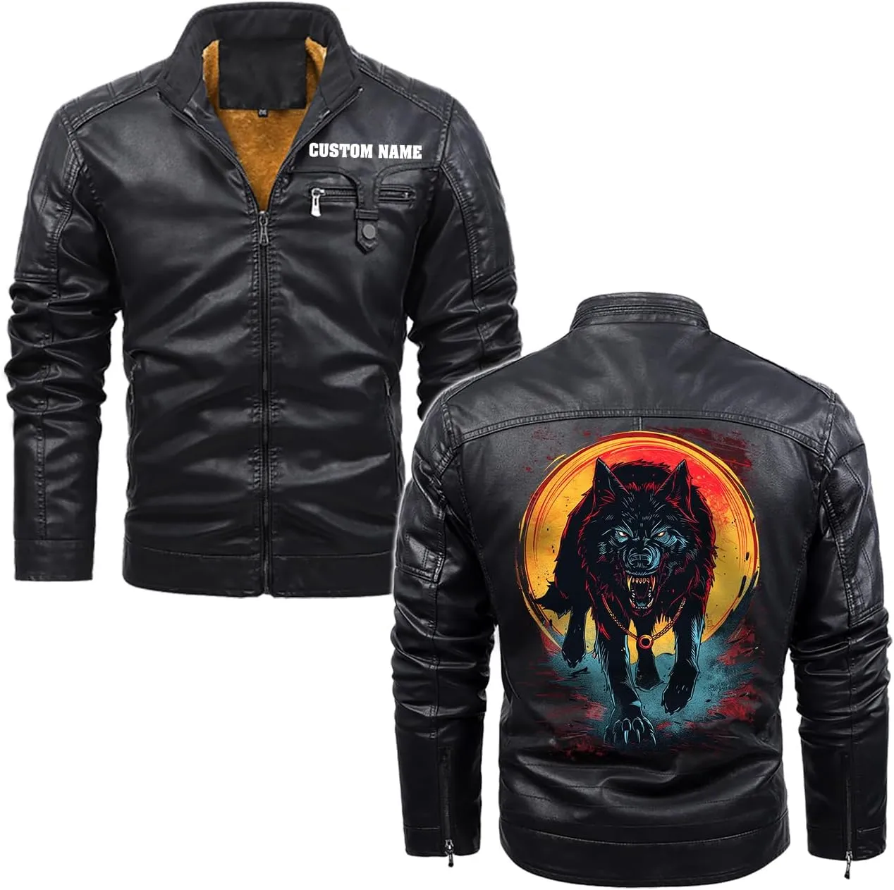 Wild Wolf with Blood Moon, Retro Wolf Biker Motorcycle Jacket, Personalized Men PU Leather Vest Coat Jackets