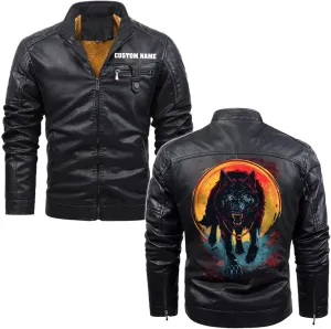 Wild Wolf with Blood Moon, Retro Wolf Biker Motorcycle Jacket, Personalized Men PU Leather Vest Coat Jackets