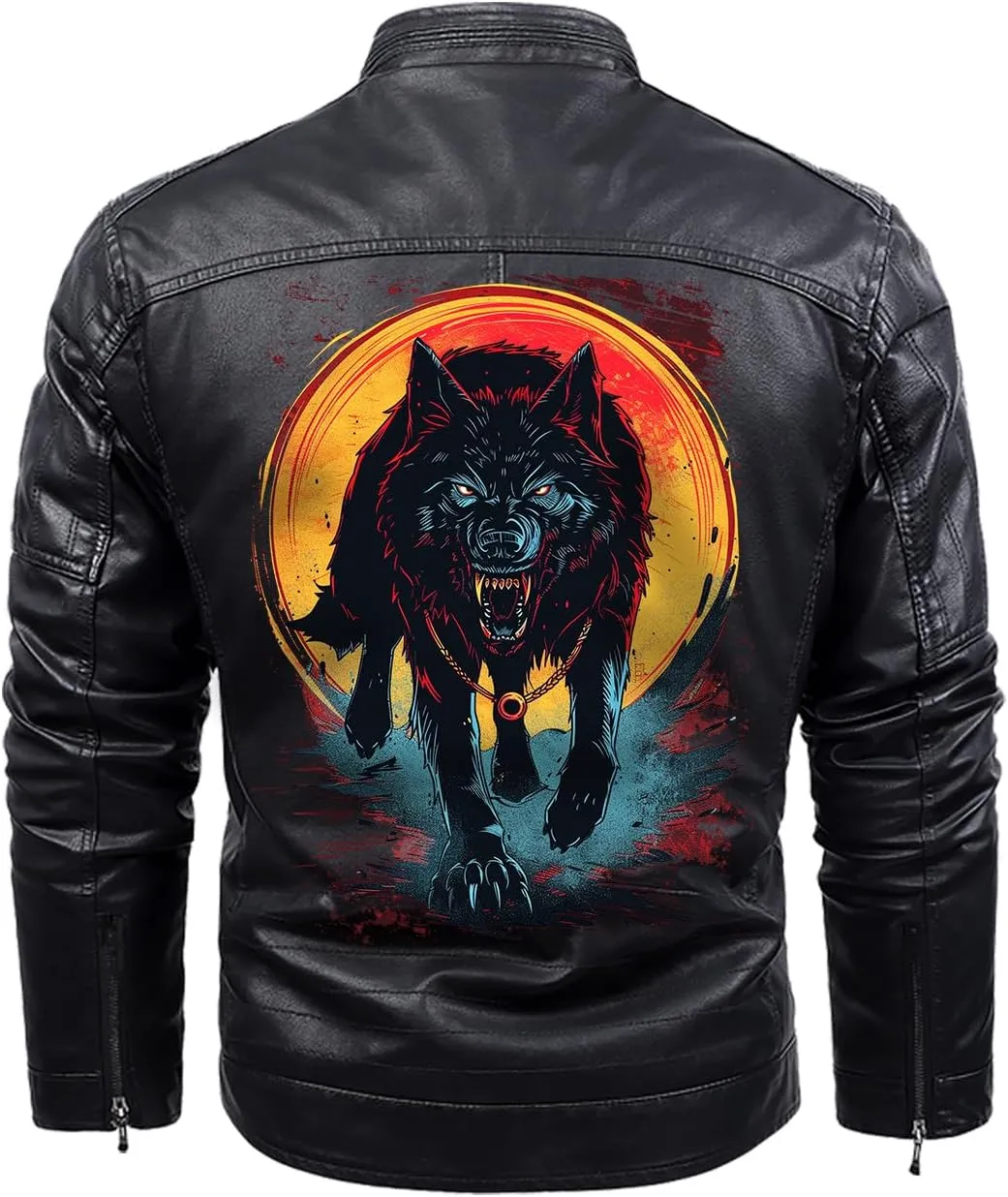 Wild Wolf with Blood Moon, Retro Wolf Biker Motorcycle Jacket, Personalized Men PU Leather Vest Coat Jackets