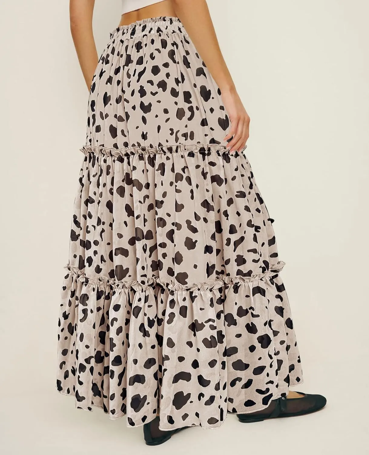 WISFRUIT Women's Leopard Print Pleated Maxi Skirt Cheetah Chiffon Tiered Ruffle A Line Flowy Beach Long Skirts