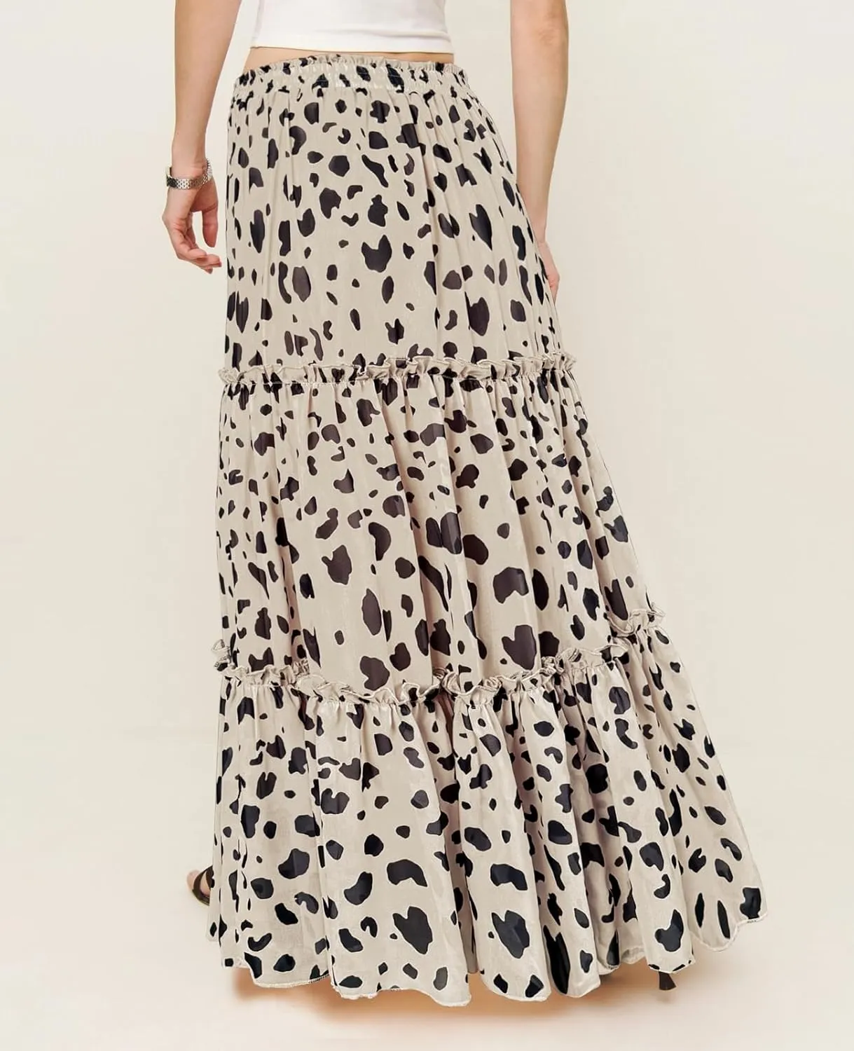WISFRUIT Women's Leopard Print Pleated Maxi Skirt Cheetah Chiffon Tiered Ruffle A Line Flowy Beach Long Skirts