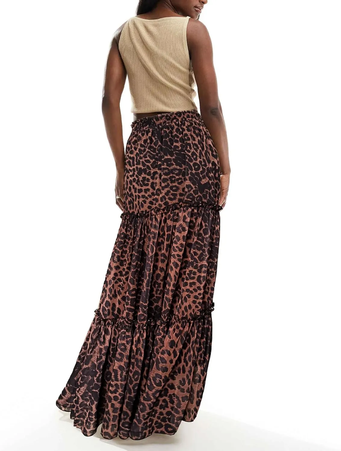 WISFRUIT Women's Leopard Print Pleated Maxi Skirt Cheetah Chiffon Tiered Ruffle A Line Flowy Beach Long Skirts
