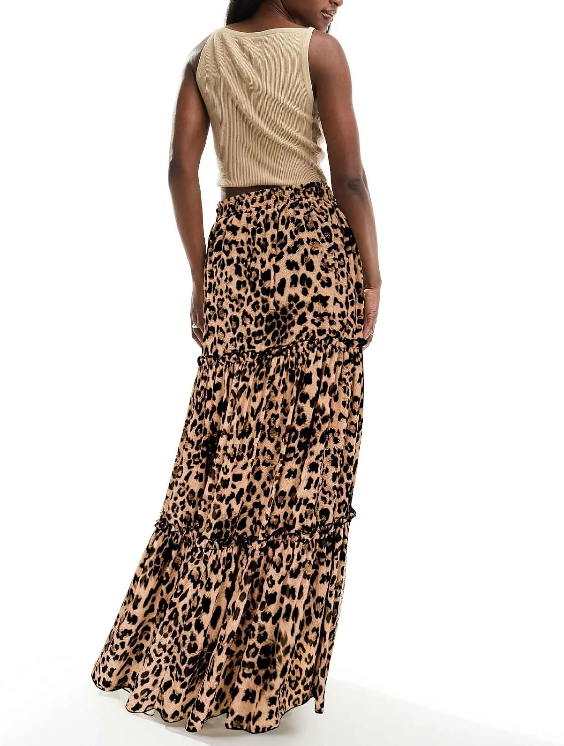 WISFRUIT Women's Leopard Print Pleated Maxi Skirt Cheetah Chiffon Tiered Ruffle A Line Flowy Beach Long Skirts