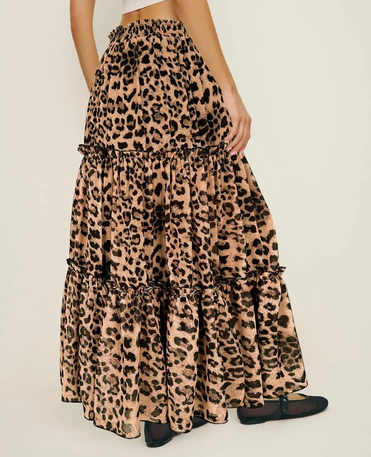 WISFRUIT Women's Leopard Print Pleated Maxi Skirt Cheetah Chiffon Tiered Ruffle A Line Flowy Beach Long Skirts