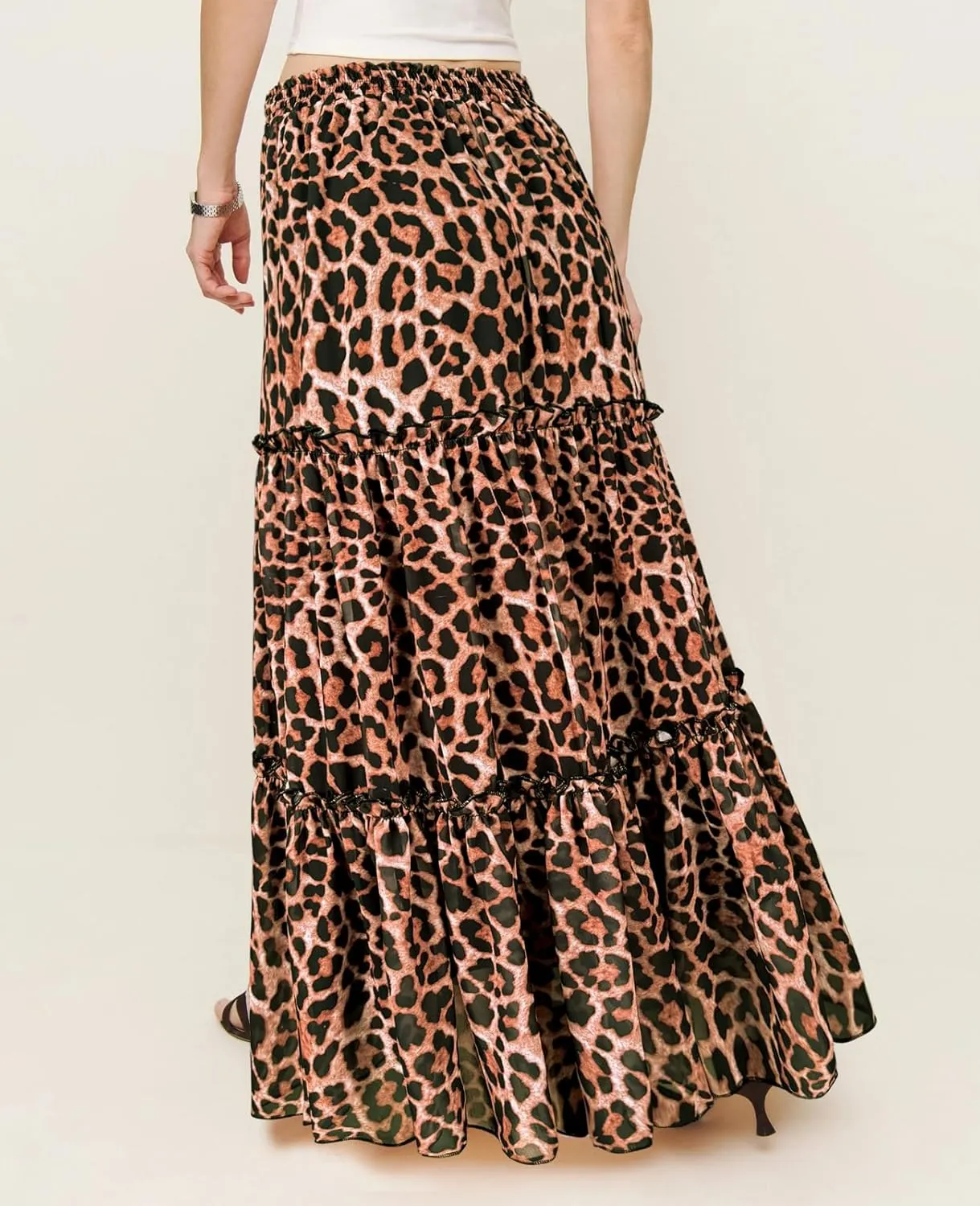 WISFRUIT Women's Leopard Print Pleated Maxi Skirt Cheetah Chiffon Tiered Ruffle A Line Flowy Beach Long Skirts