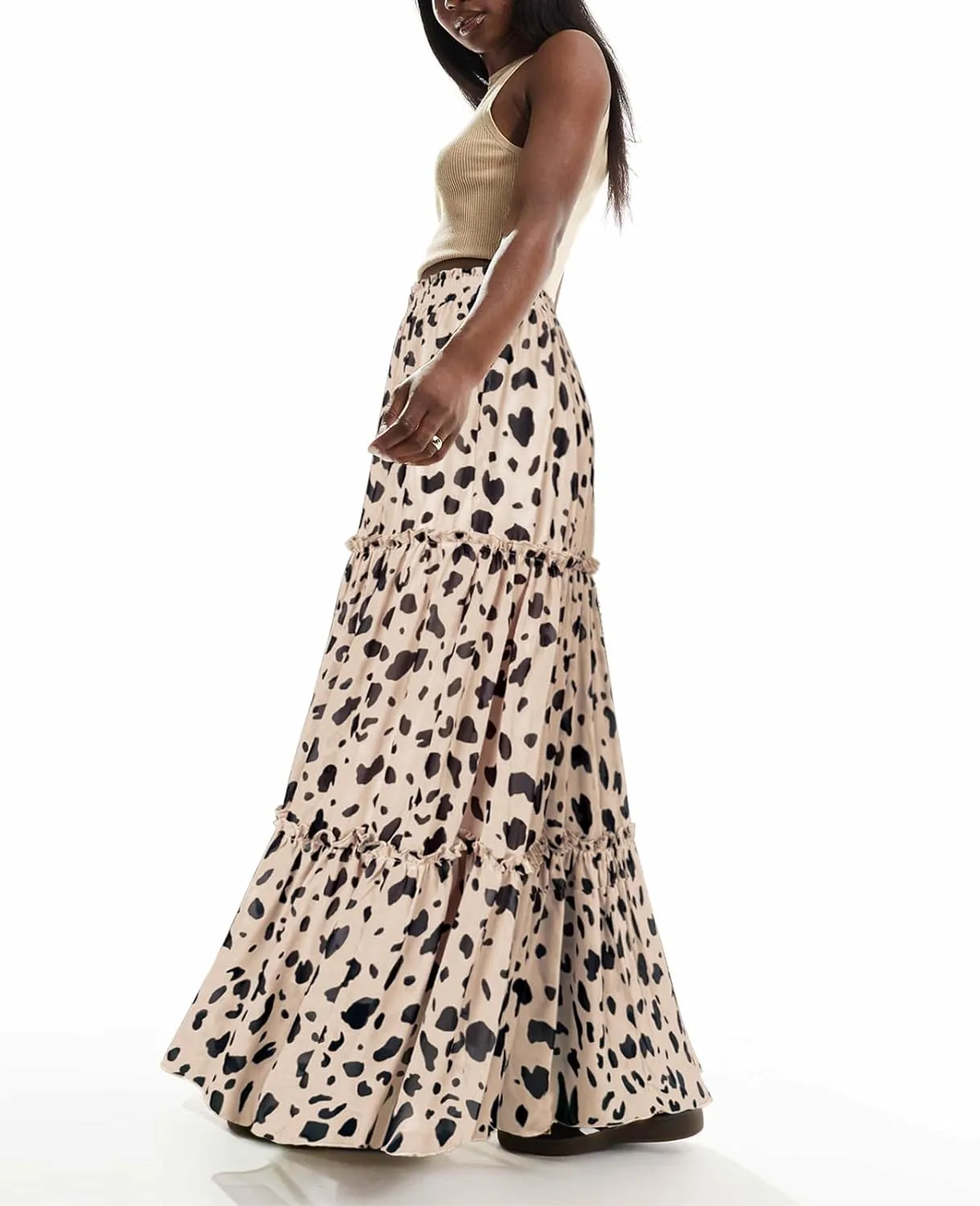 WISFRUIT Women's Leopard Print Pleated Maxi Skirt Cheetah Chiffon Tiered Ruffle A Line Flowy Beach Long Skirts