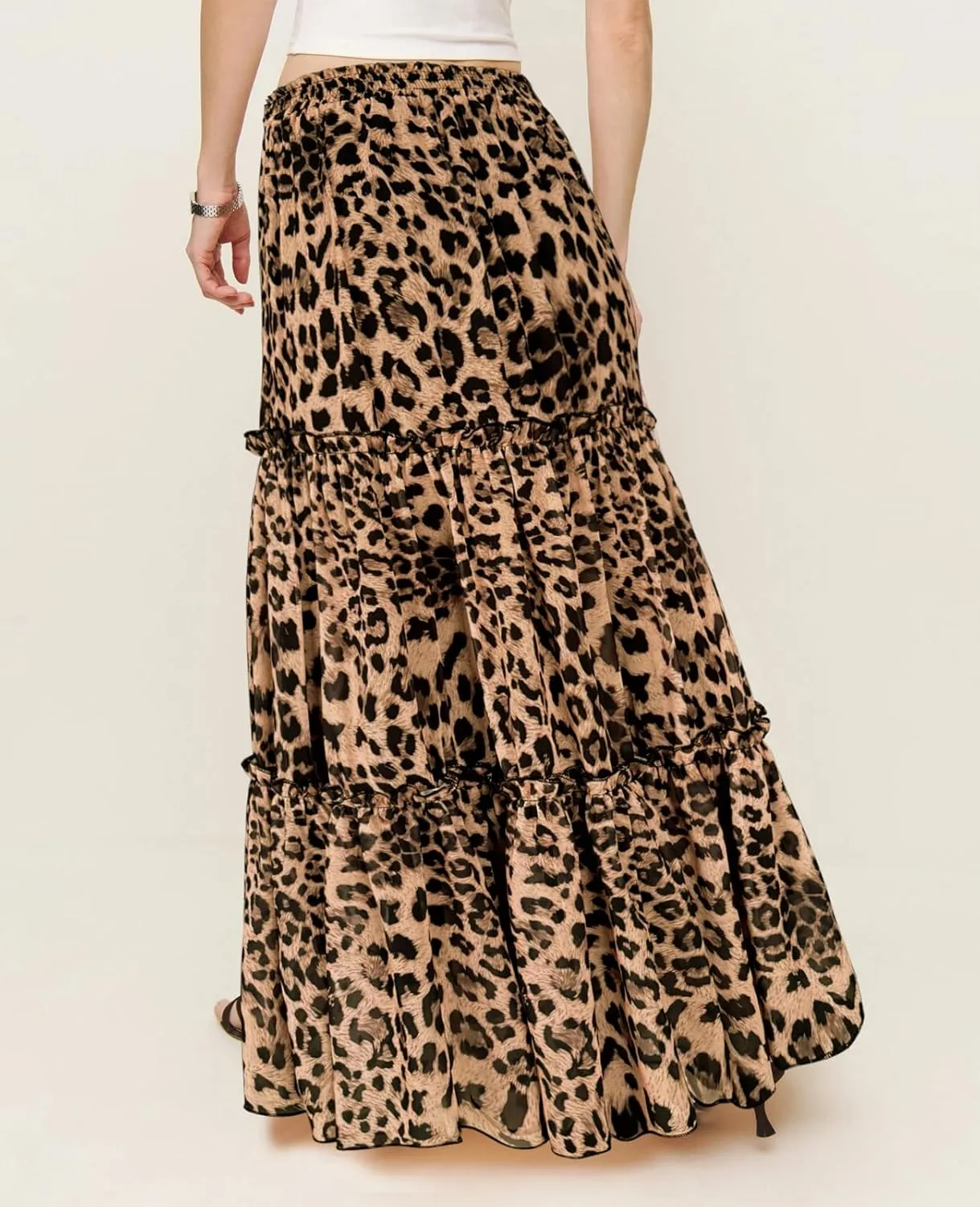 WISFRUIT Women's Leopard Print Pleated Maxi Skirt Cheetah Chiffon Tiered Ruffle A Line Flowy Beach Long Skirts