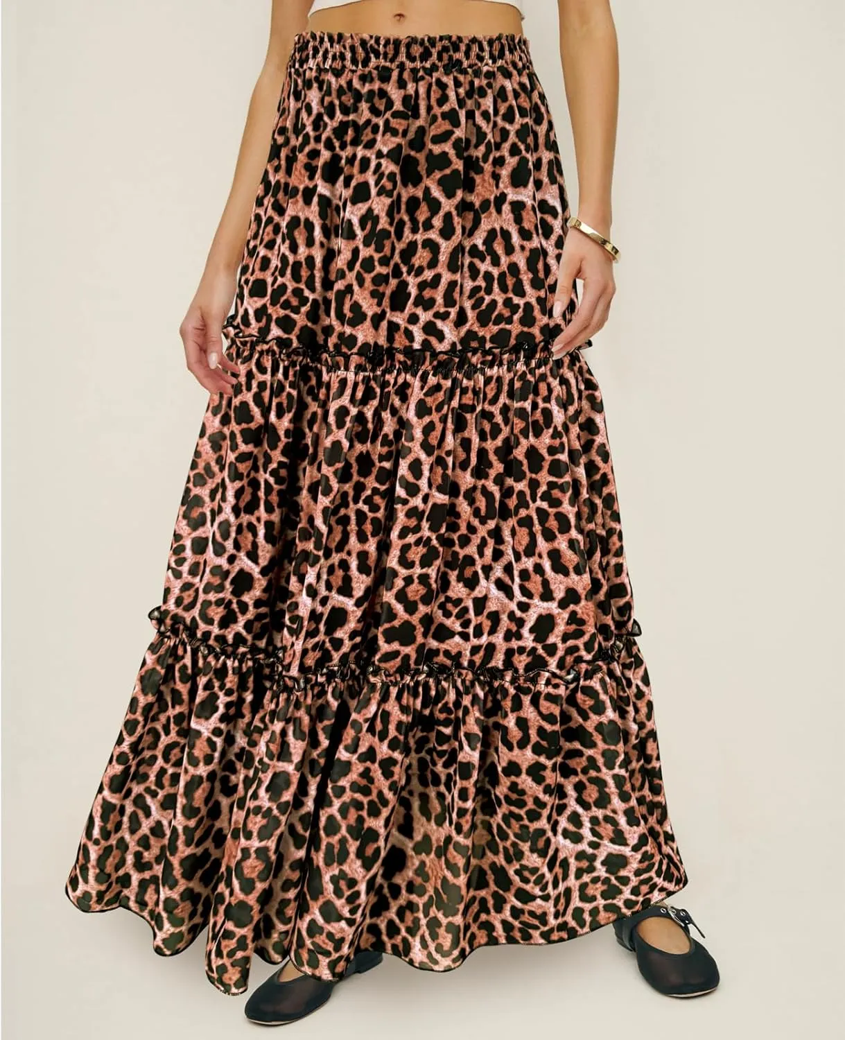 WISFRUIT Women's Leopard Print Pleated Maxi Skirt Cheetah Chiffon Tiered Ruffle A Line Flowy Beach Long Skirts