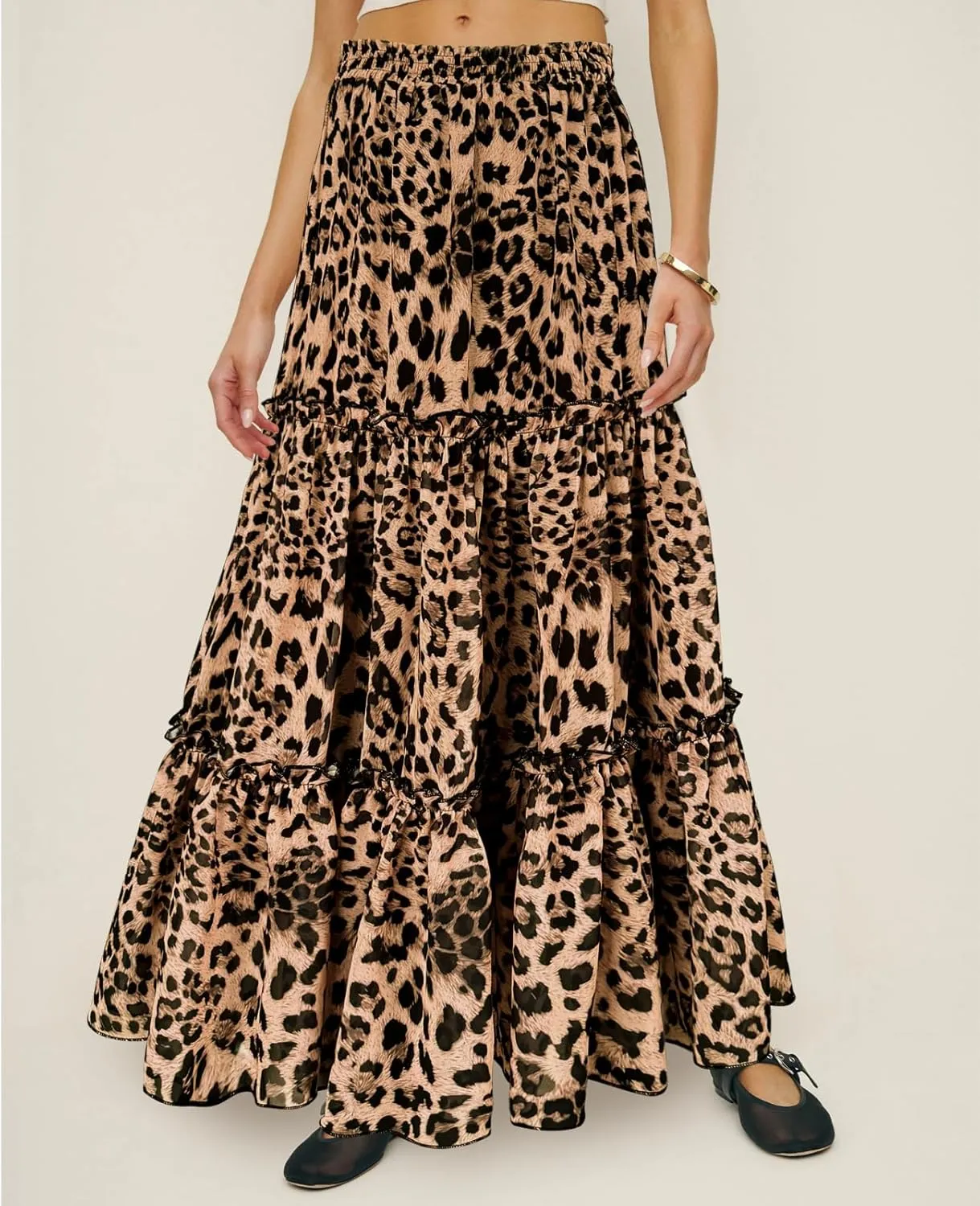 WISFRUIT Women's Leopard Print Pleated Maxi Skirt Cheetah Chiffon Tiered Ruffle A Line Flowy Beach Long Skirts
