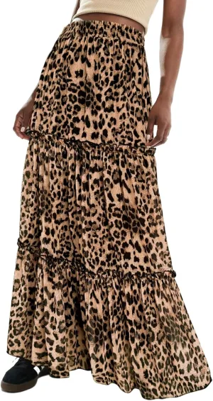 WISFRUIT Women's Leopard Print Pleated Maxi Skirt Cheetah Chiffon Tiered Ruffle A Line Flowy Beach Long Skirts