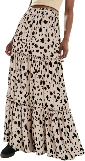 WISFRUIT Women's Leopard Print Pleated Maxi Skirt Cheetah Chiffon Tiered Ruffle A Line Flowy Beach Long Skirts