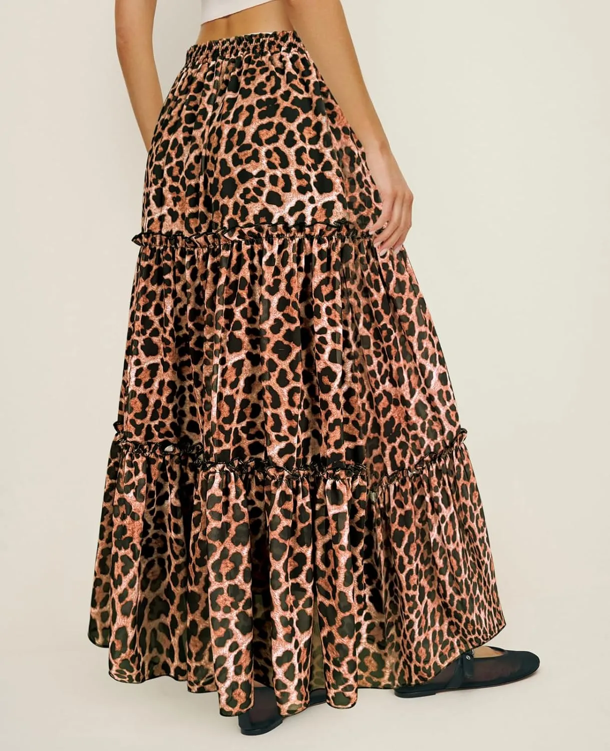 WISFRUIT Women's Leopard Print Pleated Maxi Skirt Cheetah Chiffon Tiered Ruffle A Line Flowy Beach Long Skirts