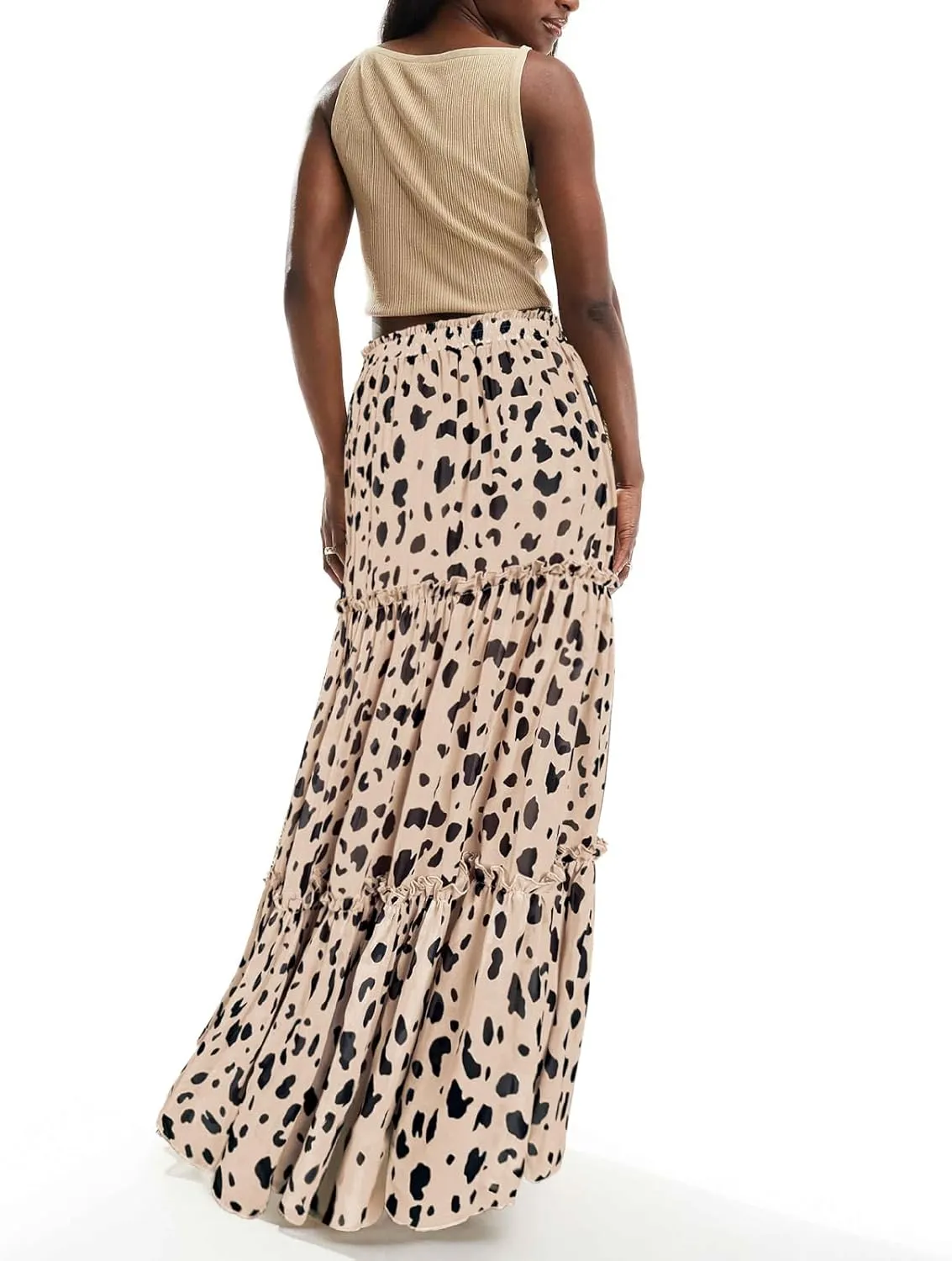 WISFRUIT Women's Leopard Print Pleated Maxi Skirt Cheetah Chiffon Tiered Ruffle A Line Flowy Beach Long Skirts