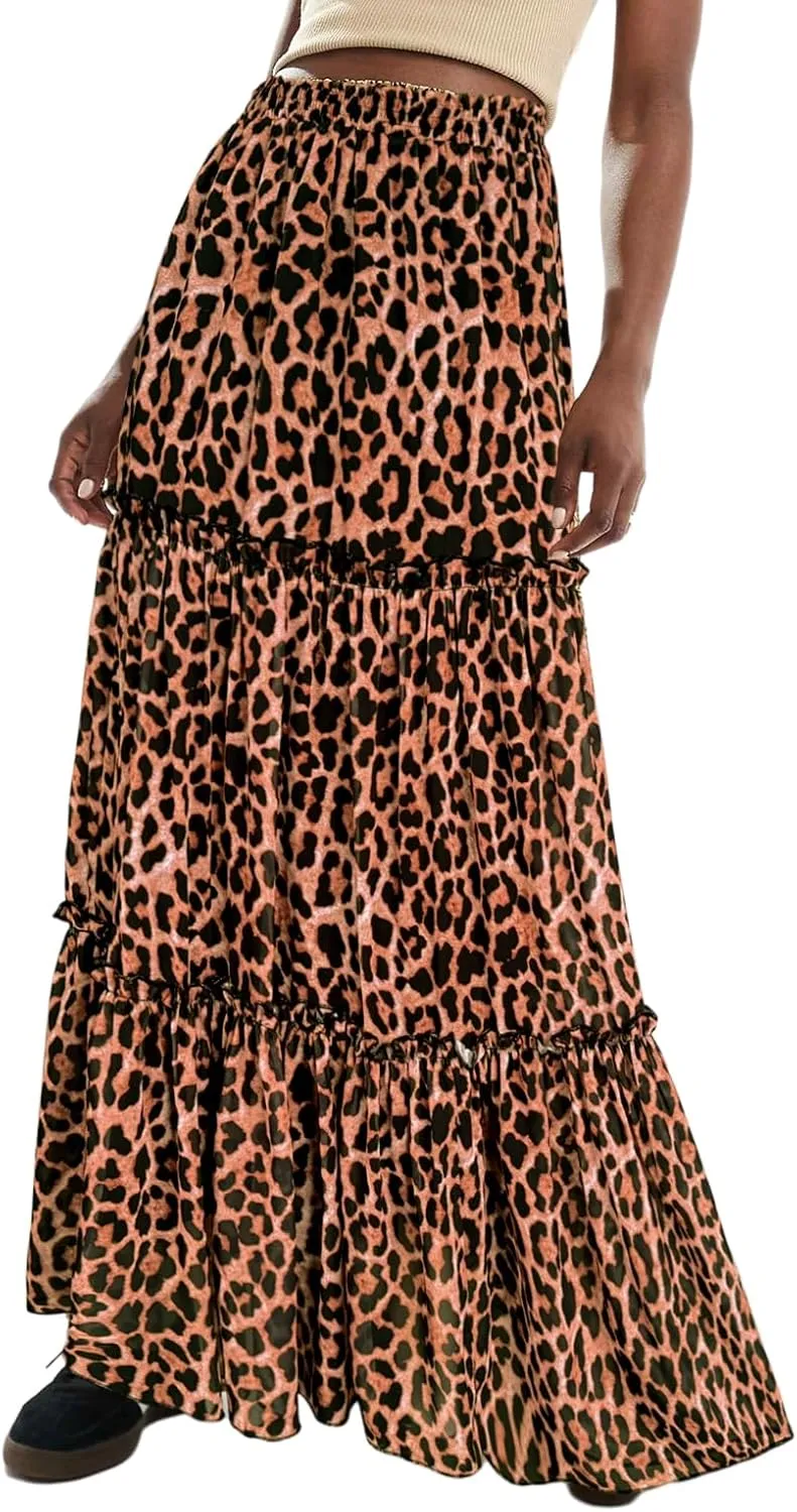 WISFRUIT Women's Leopard Print Pleated Maxi Skirt Cheetah Chiffon Tiered Ruffle A Line Flowy Beach Long Skirts