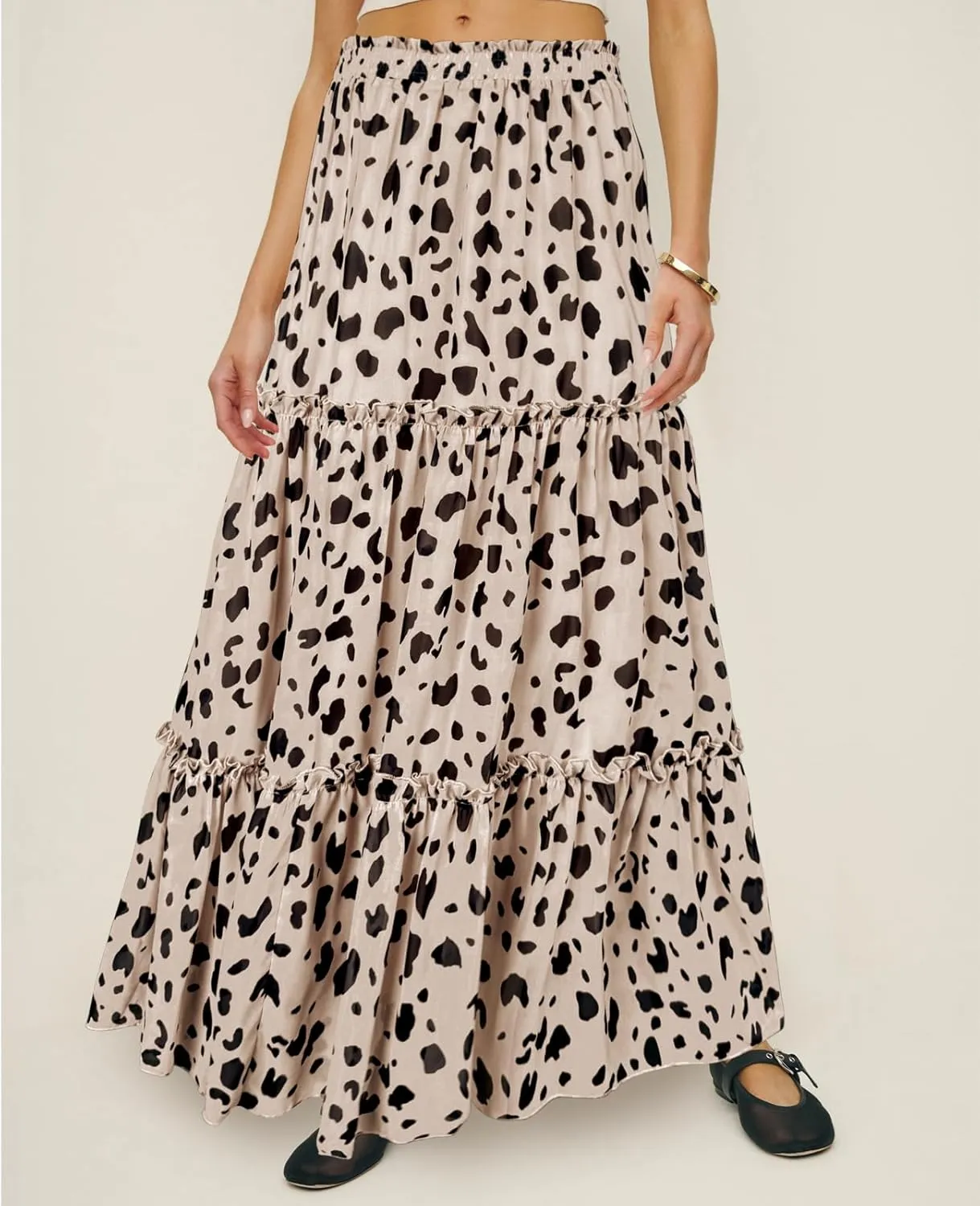 WISFRUIT Women's Leopard Print Pleated Maxi Skirt Cheetah Chiffon Tiered Ruffle A Line Flowy Beach Long Skirts