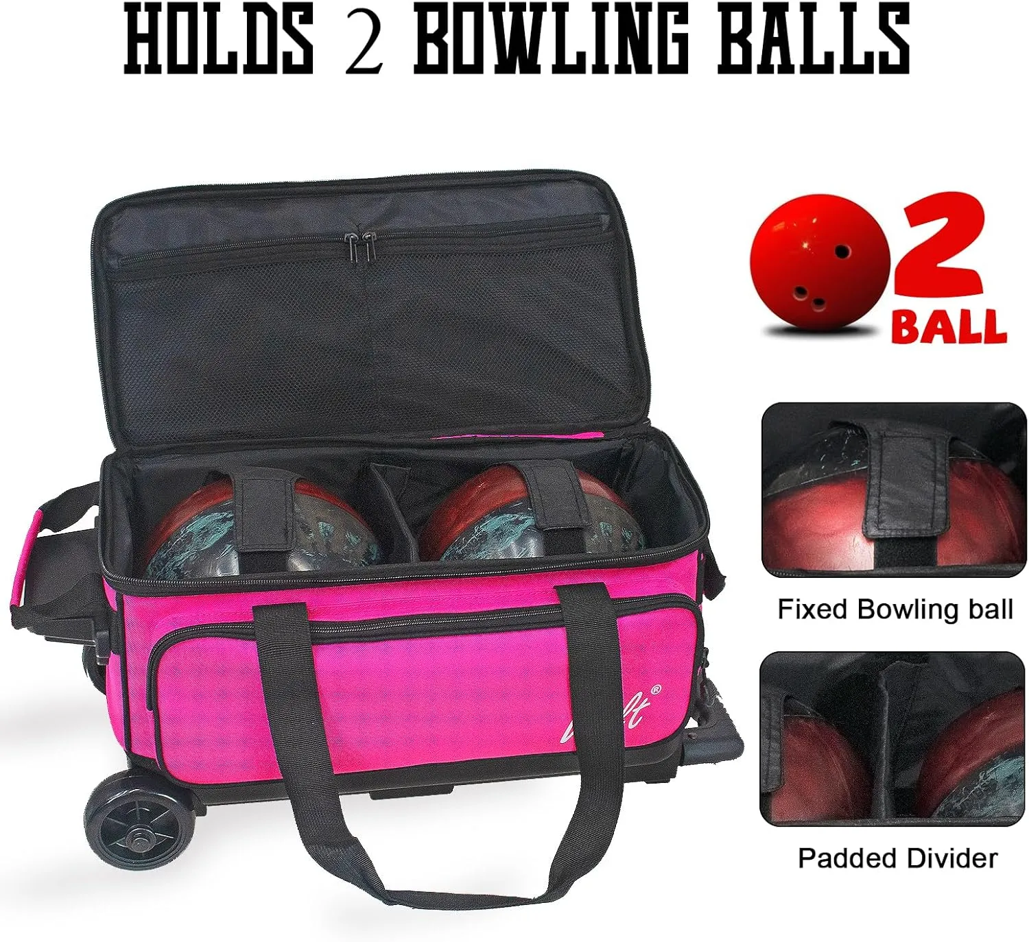 WOLT Double Roller 2 Ball Bowling Bag with Separate Shoe Compartment, Large Capacity Bowling Ball Bag with Accessory Pocket, Retractable Handle extends to 40"