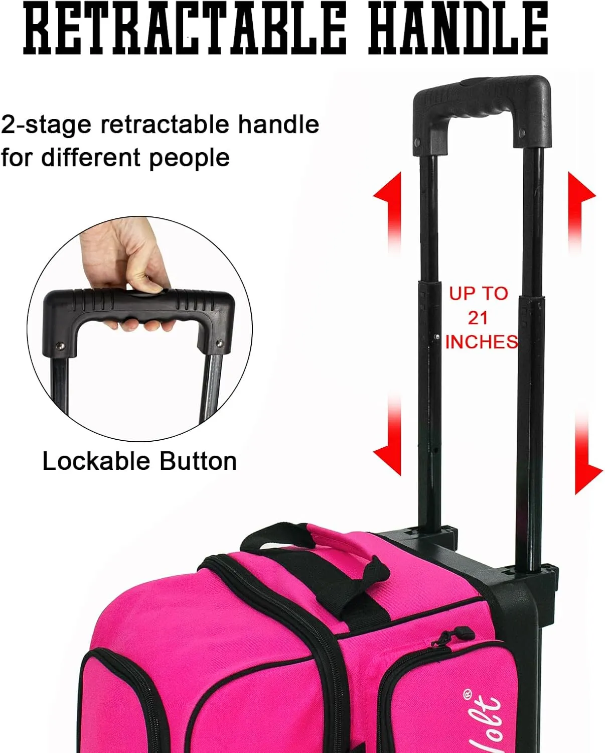 WOLT Double Roller 2 Ball Bowling Bag with Separate Shoe Compartment, Large Capacity Bowling Ball Bag with Accessory Pocket, Retractable Handle extends to 40"