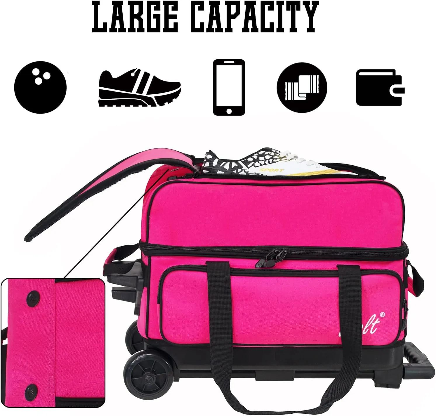 WOLT Double Roller 2 Ball Bowling Bag with Separate Shoe Compartment, Large Capacity Bowling Ball Bag with Accessory Pocket, Retractable Handle extends to 40"