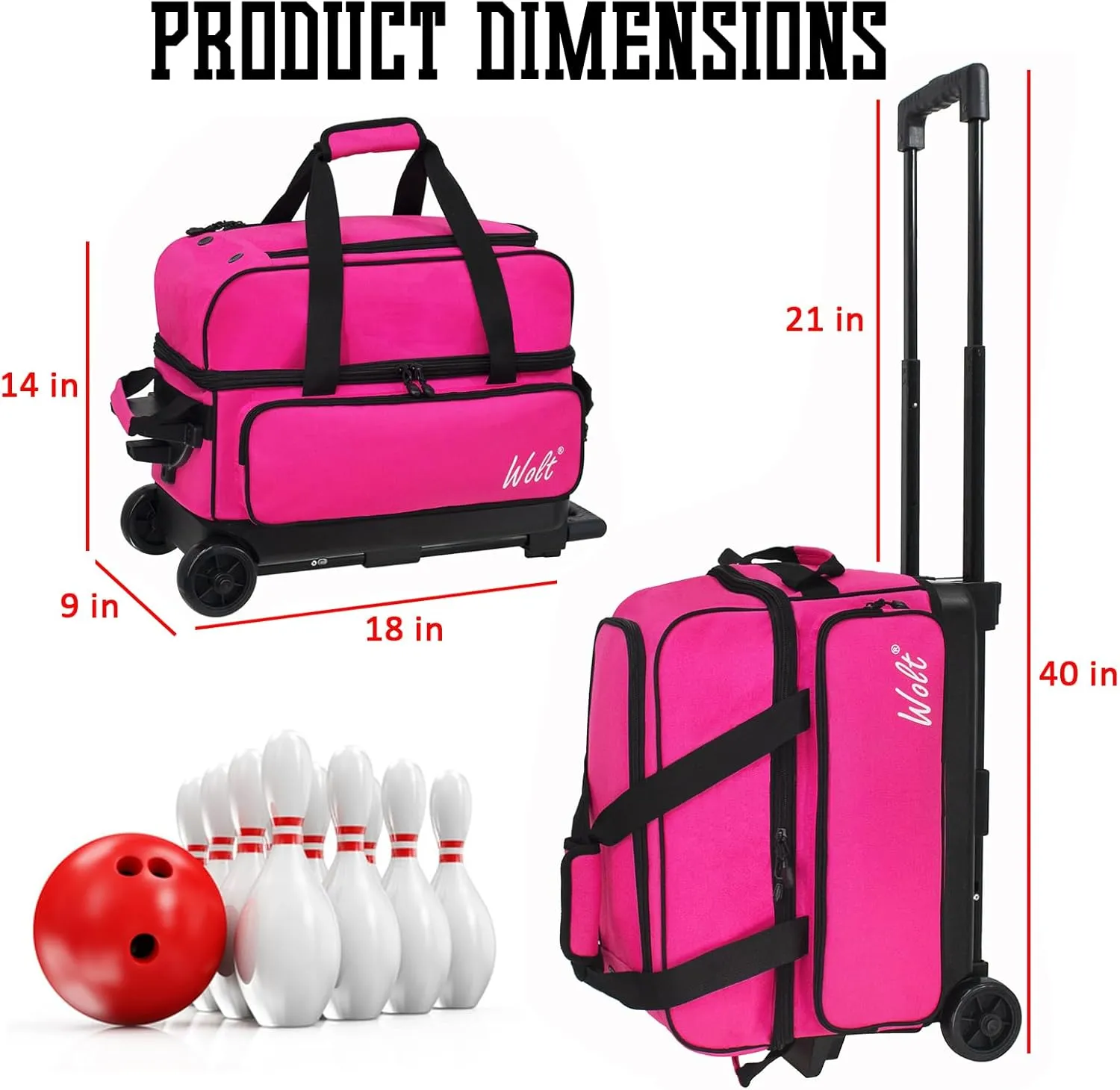 WOLT Double Roller 2 Ball Bowling Bag with Separate Shoe Compartment, Large Capacity Bowling Ball Bag with Accessory Pocket, Retractable Handle extends to 40"