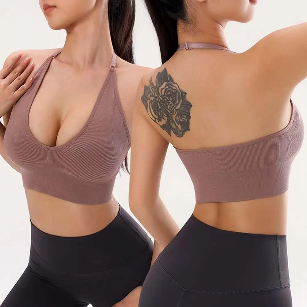 Women Halter Bra Top Yoga Bralette Crop Tanks Workout Sports Bras V Neck with Adjustable Strap Seamless Padded