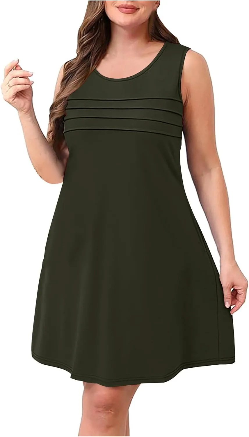 Women Pleated Front Tank Dresses with Pockets Spring Summer Sleeveless Sundress Casual Loose Fit Crewneck Tunic Dress