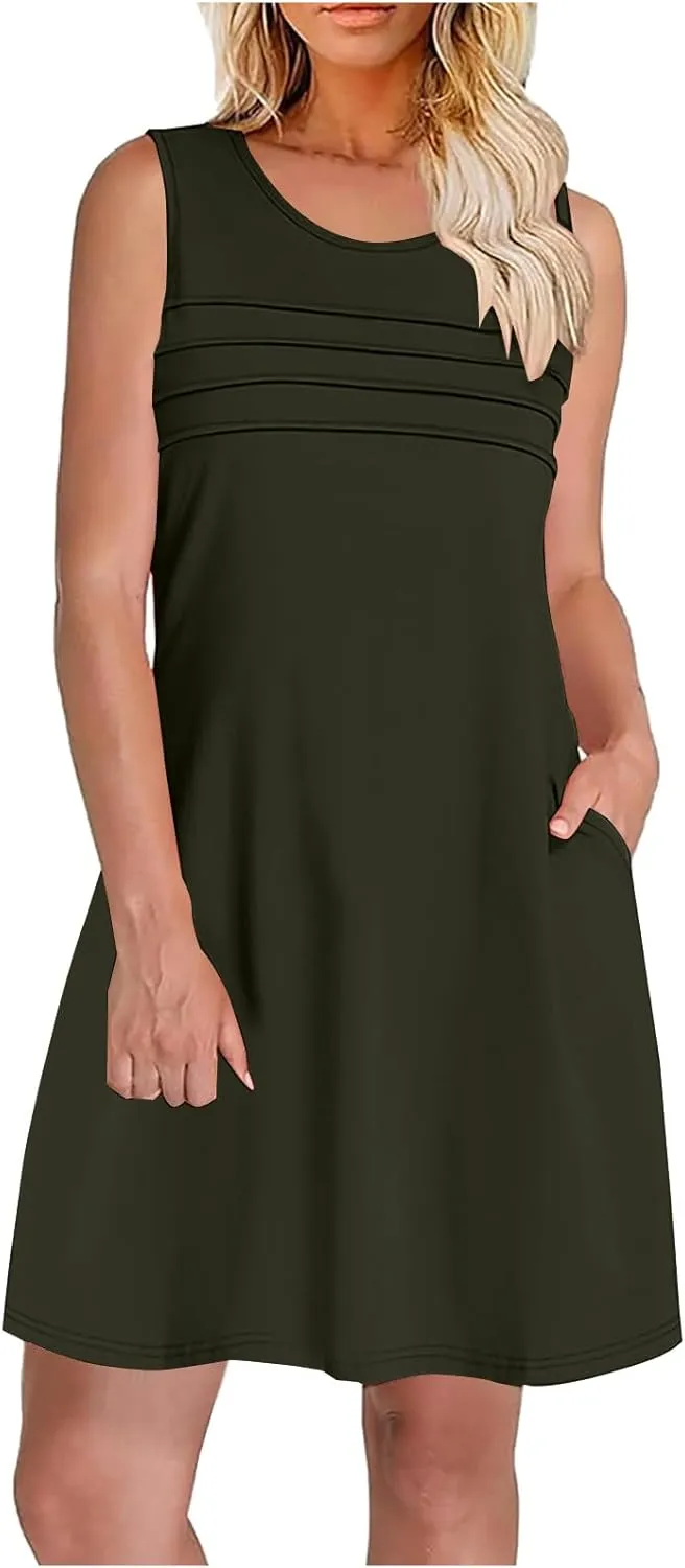 Women Pleated Front Tank Dresses with Pockets Spring Summer Sleeveless Sundress Casual Loose Fit Crewneck Tunic Dress