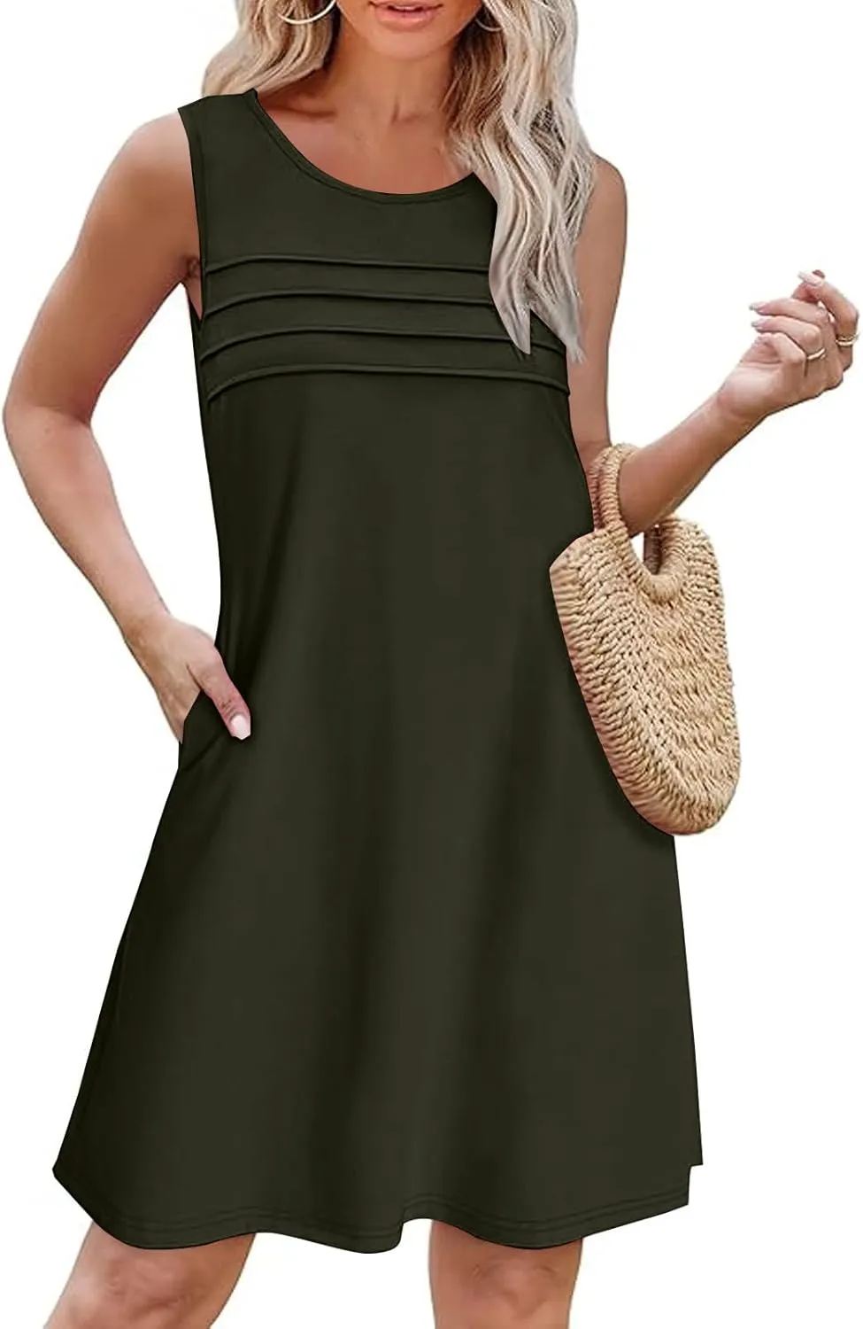 Women Pleated Front Tank Dresses with Pockets Spring Summer Sleeveless Sundress Casual Loose Fit Crewneck Tunic Dress