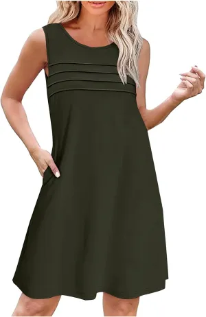 Women Pleated Front Tank Dresses with Pockets Spring Summer Sleeveless Sundress Casual Loose Fit Crewneck Tunic Dress