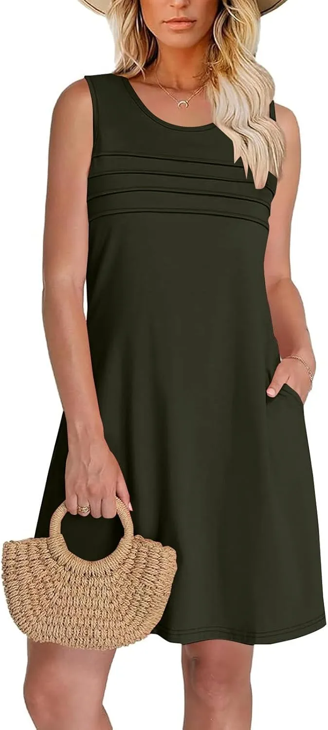 Women Pleated Front Tank Dresses with Pockets Spring Summer Sleeveless Sundress Casual Loose Fit Crewneck Tunic Dress