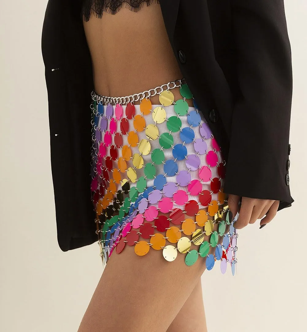 Women Sequin Skirt See Through Crop Top Glitter Strappy Bra Tanks Hollow Out Swimsuit Wrap Bikini Cover Up Body Chain