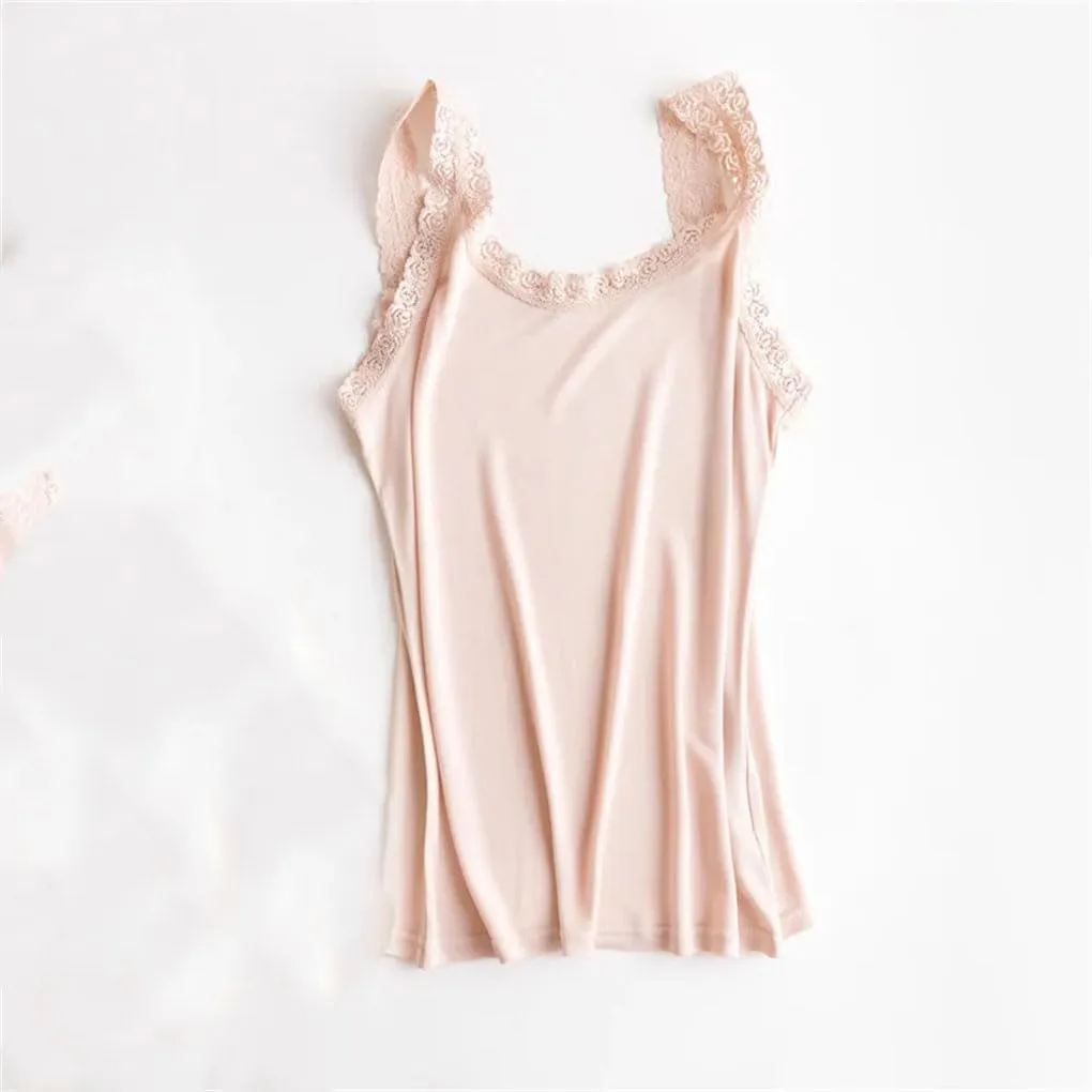 Women Silk Camis Camisoles Bottoming Shirt Casual Solid Lace T-Shirts Tee Tops