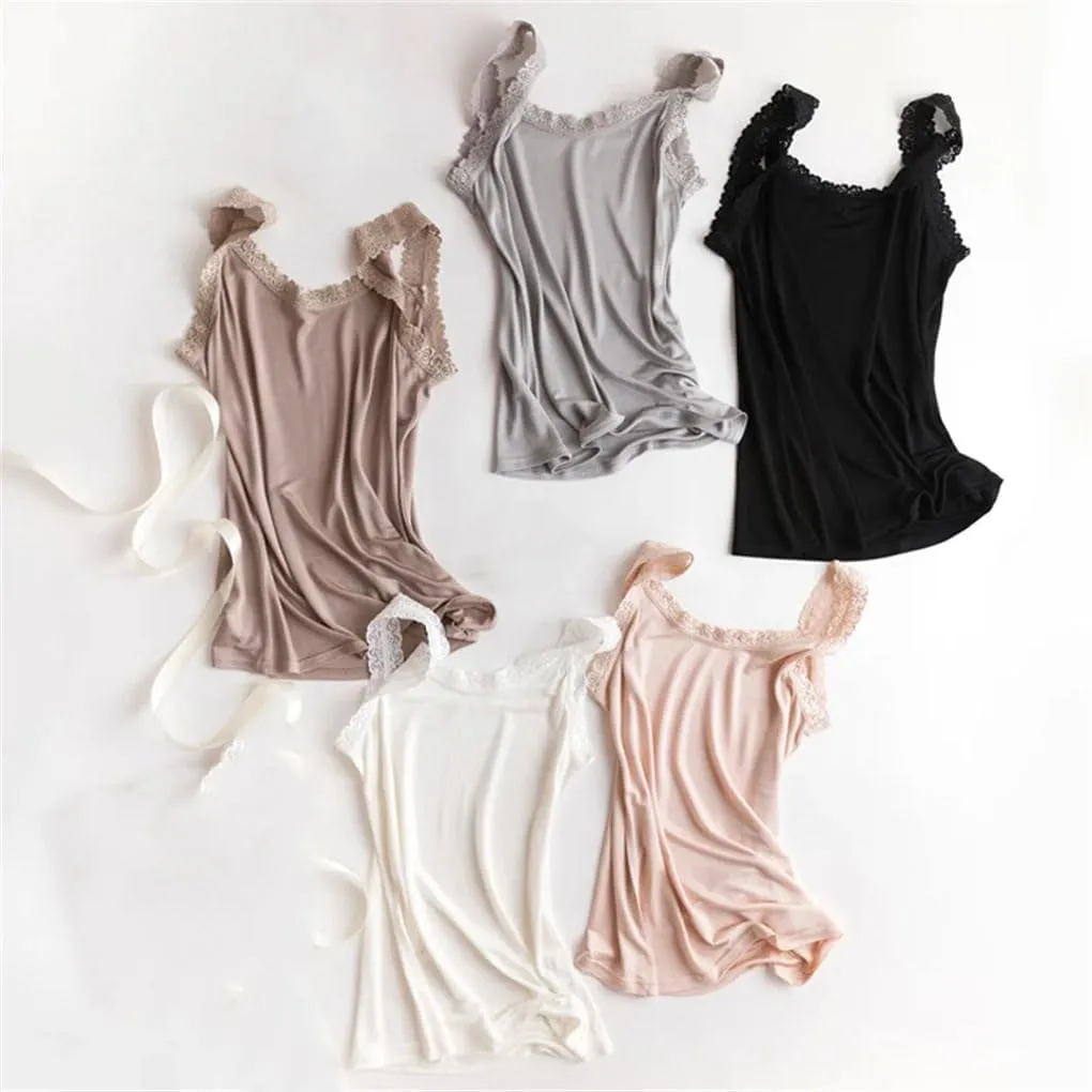 Women Silk Camis Camisoles Bottoming Shirt Casual Solid Lace T-Shirts Tee Tops