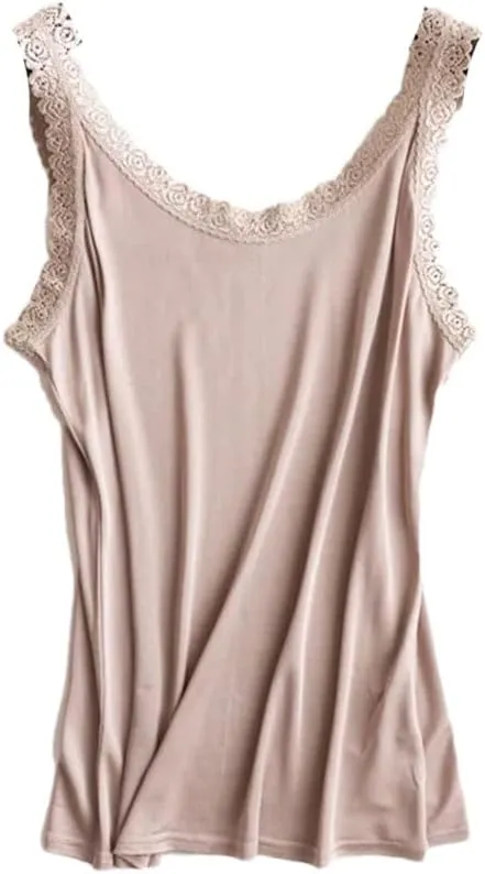 Women Silk Camis Camisoles Bottoming Shirt Casual Solid Lace T-Shirts Tee Tops