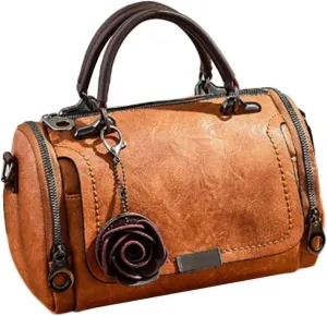 Women Vintage Tote Purse Top-handle Satchel Boston Bags Rose Pendant Shoulder Bags
