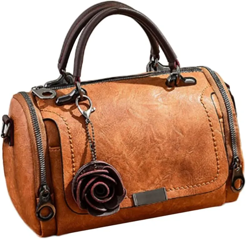 Women Vintage Tote Purse Top-handle Satchel Boston Bags Rose Pendant Shoulder Bags