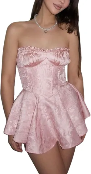 Women Y2k Ruffle Aline Dress Sexy Strapless Tube Bandeau Dress Fairy Flare Short Dress Cute Streetwear