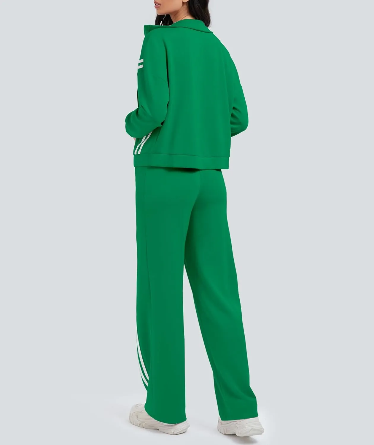 Women's 2 Piece Lounge Outfits Zip Up Sweat Set Contrast Striped Wide Leg Jogging Pants Travel Track Suit