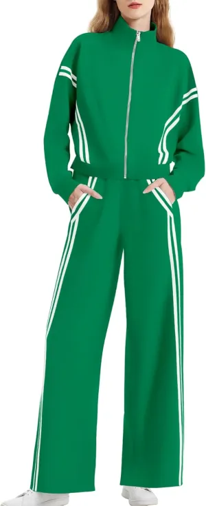 Women's 2 Piece Lounge Outfits Zip Up Sweat Set Contrast Striped Wide Leg Jogging Pants Travel Track Suit