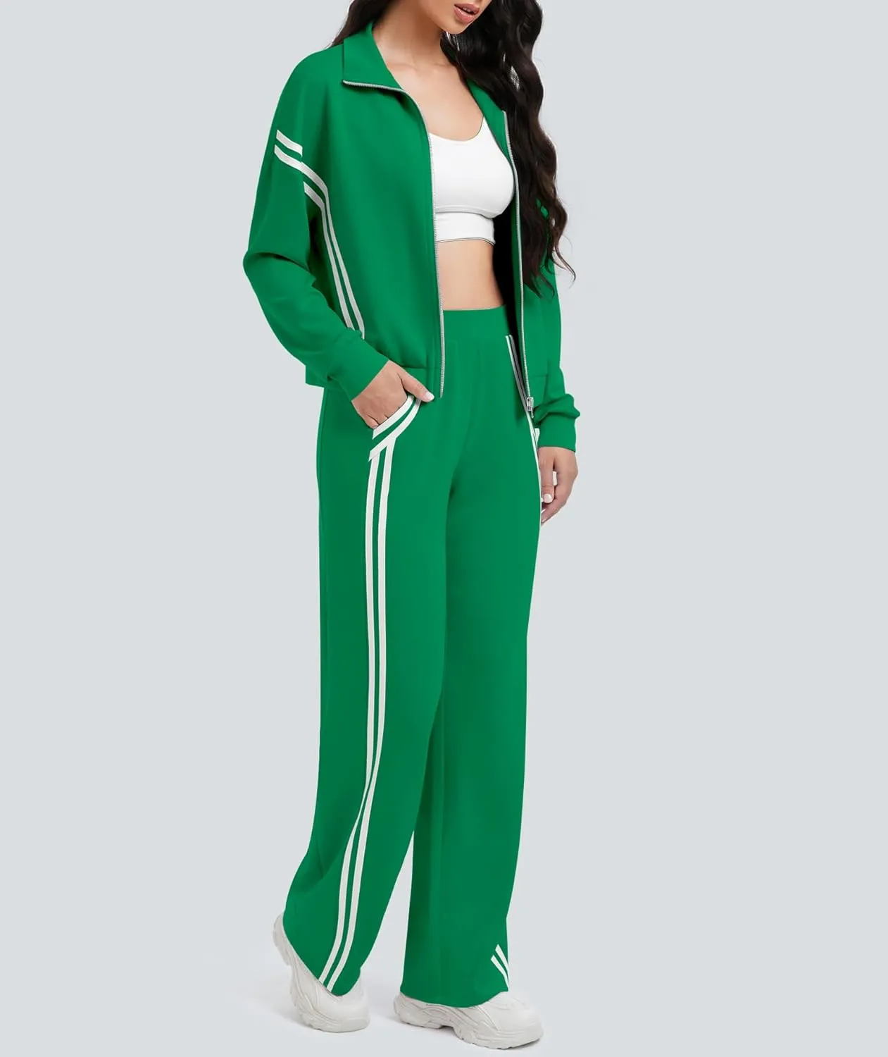 Women's 2 Piece Lounge Outfits Zip Up Sweat Set Contrast Striped Wide Leg Jogging Pants Travel Track Suit
