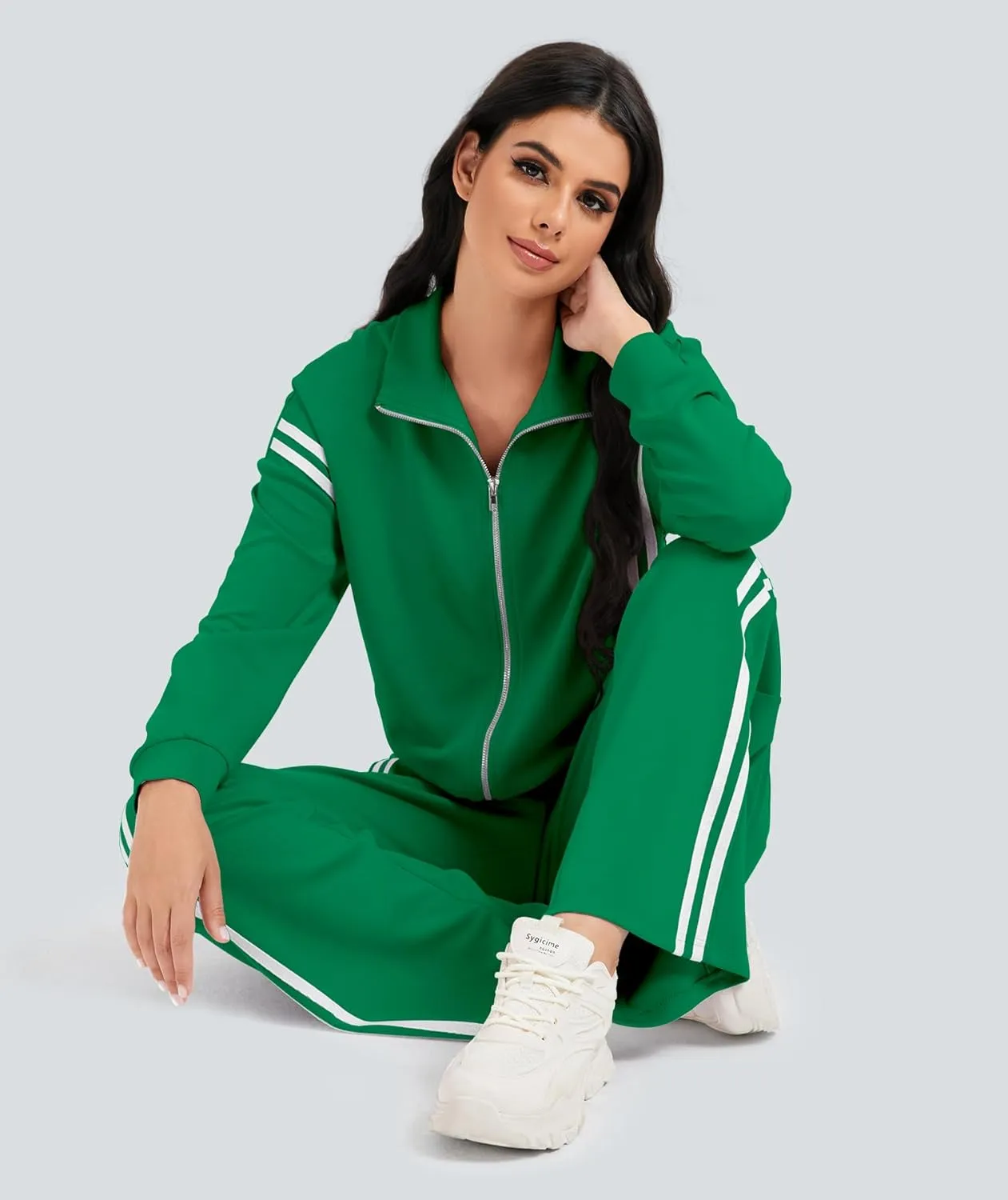 Women's 2 Piece Lounge Outfits Zip Up Sweat Set Contrast Striped Wide Leg Jogging Pants Travel Track Suit