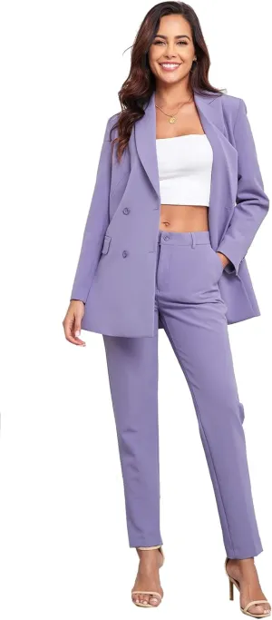 Women's 2 Pieces Pant Suits, Double Breasted Blazer Set, Casual Loose Long Blazer Jackets and Pant Suits with Pockets