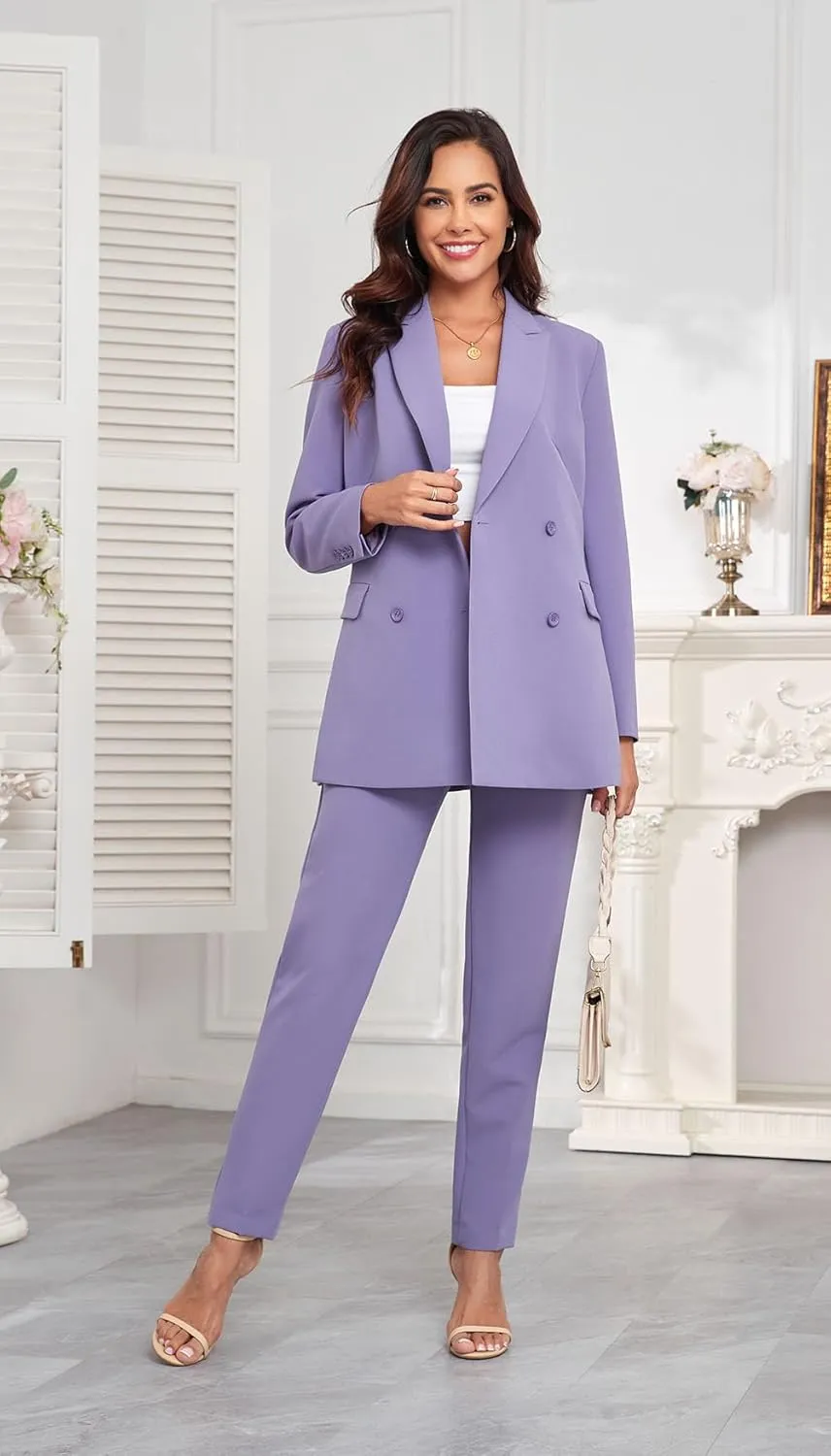 Women's 2 Pieces Pant Suits, Double Breasted Blazer Set, Casual Loose Long Blazer Jackets and Pant Suits with Pockets