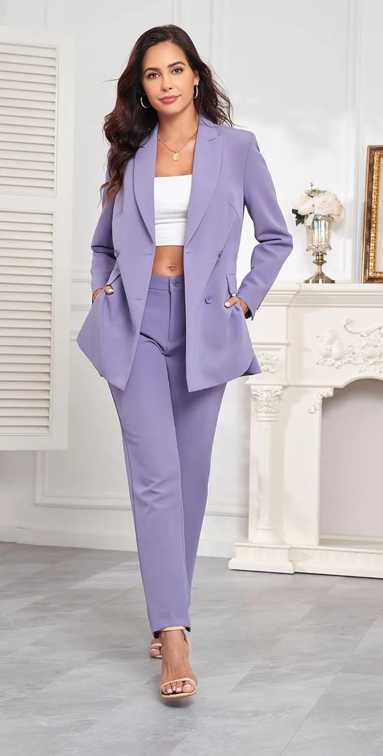 Women's 2 Pieces Pant Suits, Double Breasted Blazer Set, Casual Loose Long Blazer Jackets and Pant Suits with Pockets