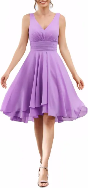 Women's A Line Sleeveless Bridesmaid Dress V Neck Ruched Chiffon Formal Dresses for Wedding Guest