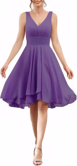 Women's A Line Sleeveless Bridesmaid Dress V Neck Ruched Chiffon Formal Dresses for Wedding Guest