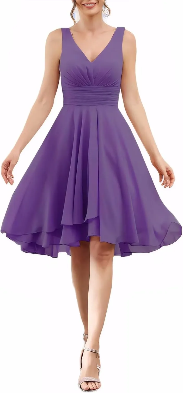 Women's A Line Sleeveless Bridesmaid Dress V Neck Ruched Chiffon Formal Dresses for Wedding Guest