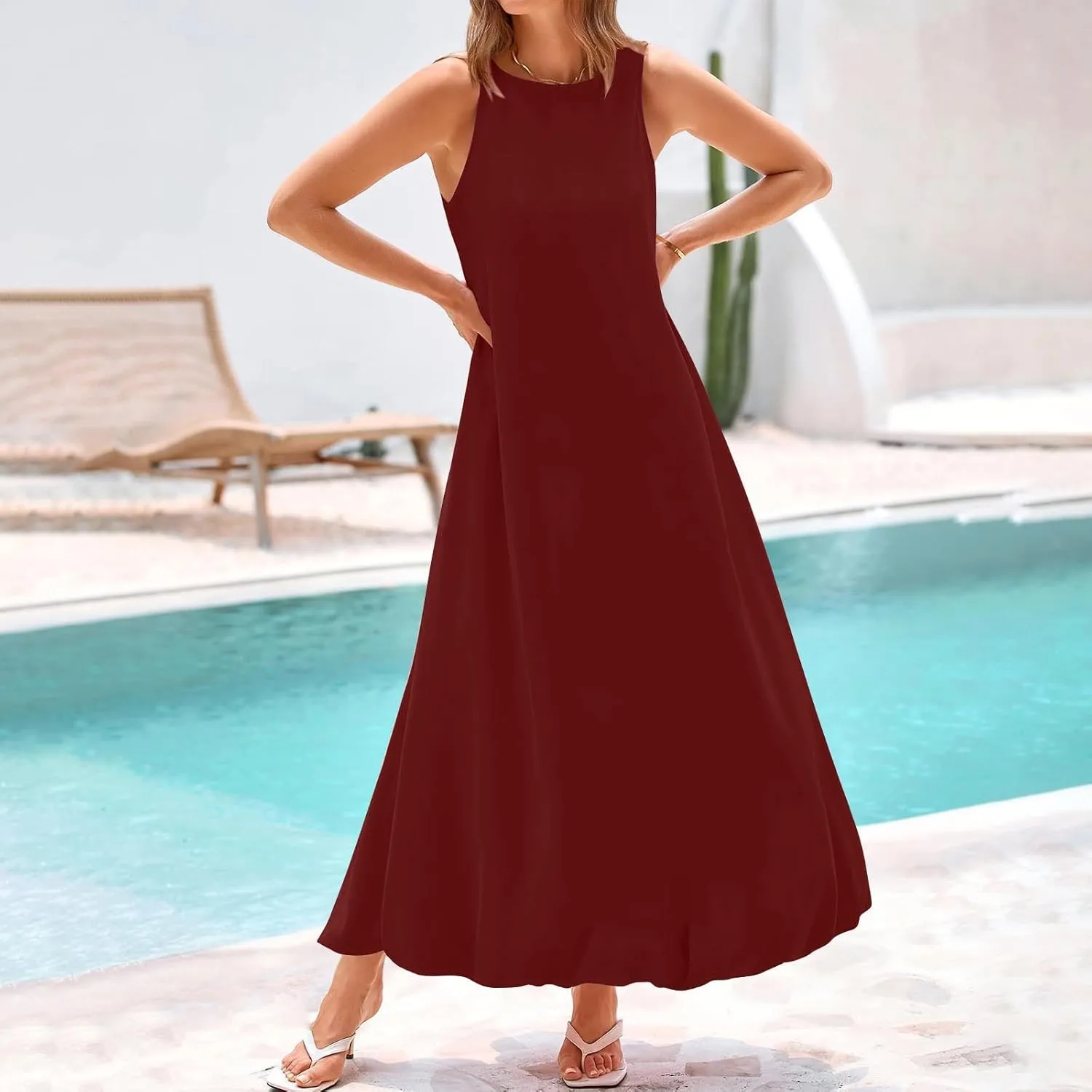Women's Flowy Summer Dresses 2025 Crew Neck Sleeveless Casual Loose Sundress Basic Beach Tank Maxi Dress with Pockets
